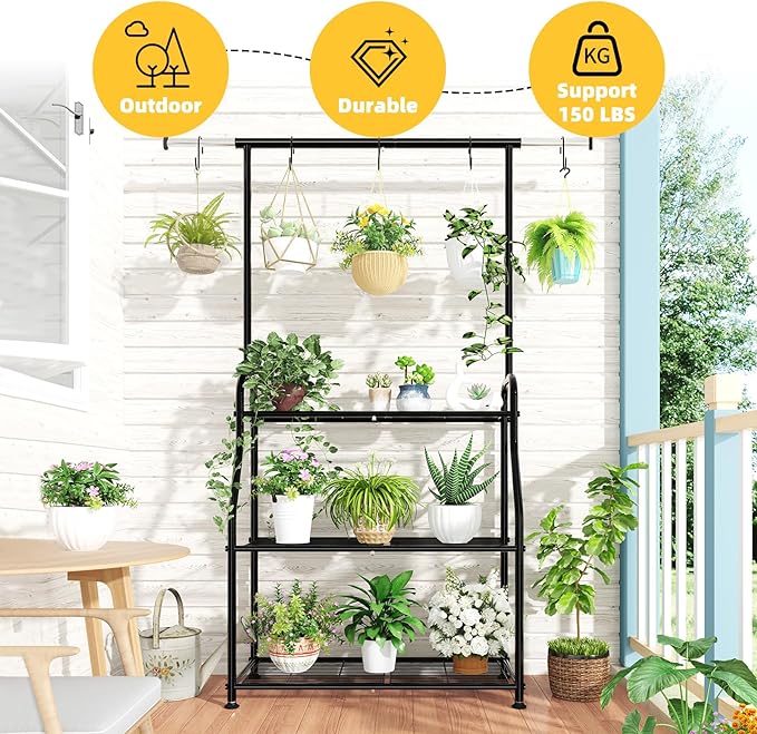Simple Trending Plant Stand Indoor Outdoor, Heavy Duty Metal 3 Tiered Hanging Plant Shelf for Multiple Flower Planter Holder Tall Large Rack for Living Room Garden Balcony, Black