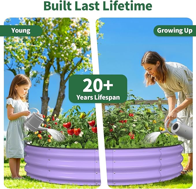 Kesfitt Round Raised Garden Bed, 4x4x1 FT Galvanized Steel Metal Garden Bed, Open-Bottom Design, 12-Inch Deep Outdoor Raised Garden Bed for Vegetables & Herbs, Lavender Purple