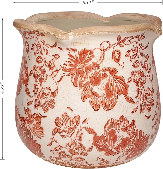 Country Farmhouse Planters for Spring Decor, 6.11 Inch Vintage Distressed Ceramic Plant Pot with Drainage for Indoor Plants, Terracotta Pots & Italian Tuscan Decor, Gardening Gifts (Red Flower)