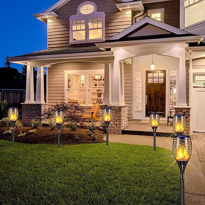 4 Pack Outdoor Solar Flame Light,Solar Lights Outdoor for Garden Decorations with Flickering Flame,IP65 Waterproof Solar Powered Yard Lights Torch Light for Lawn Patio Pathway (Warm White)