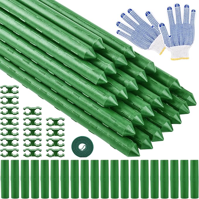 WAENLIR 16 Inch 24 Pack Extendable Garden Stakes Kit, DIY 4ft 5ft 6ft 7ft 8ft Plant Support Stakes with Connectors and Clips, Plastic Coated Metal Sticks for Tomato Indoor Outdoor