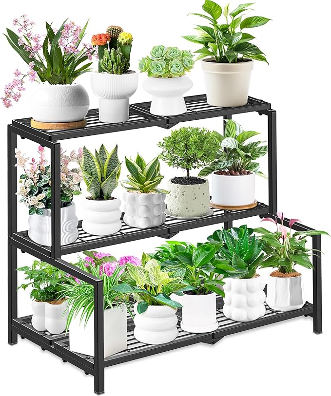 3 Tier Stair Style Metal Plant Stand for Indoor Outdoor, Heavy Duty Plant Display Shelf for Multiple Plants, Garden Rack Flower Pot Holder for Living Room Patio Balcony