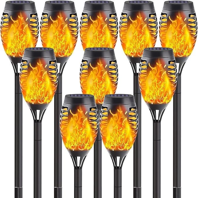 10Pack Solar Lights Outdoor, Mini Solar Torch Lights with Flickering Flame for Garden Decor, Solar Flame Lights Waterproof Solar Powered Outdoor Lights, Solar Tiki Torches for Pathway Patio Yard Porch