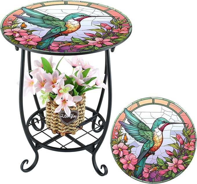 Outdoor Side Table Round Small Mosaic Patio Accent Indoor End Plant Coffee Tea Table for Yard Patio Porch Garden Living Room, Bedroom(Hummingbird Style,12 Inch)