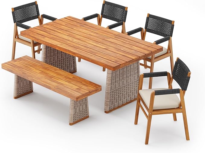 Christopher Knight Home Pasco Acacia Wood Outdoor Dining Table Set for 6, Wicker Patio Dining Set with Acacia Wood Table and Bench, Patio Table and Chair Set with Cushion+Rope Back, Black+Teak+Brown