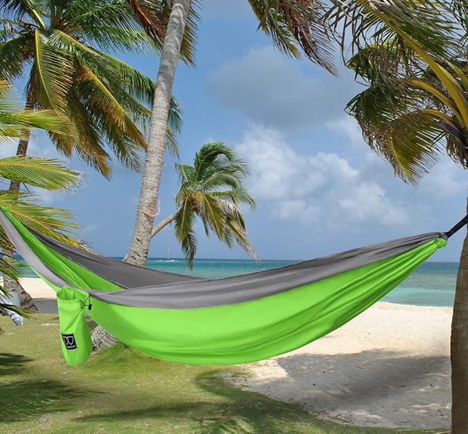 Gold Armour Camping Hammock - XL Double Hammock Portable Hammock Camping Accessories Gear for Outdoor Indoor with Tree Straps, USA Based Brand (Lime Green and Gray)