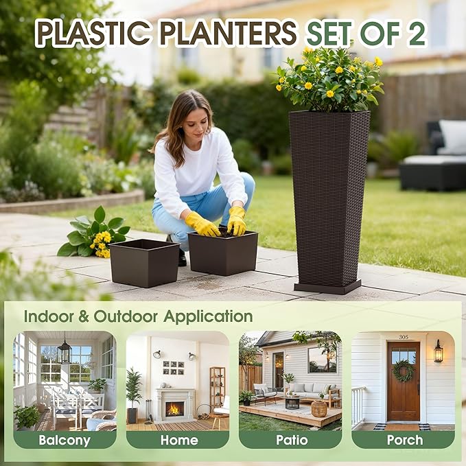 Set of 2 32 Inch Tall Plastic Planters with Drainage Saucers, Rattan Pattern UV Resistant Indoor Outdoor Flower Pots for Patio Garden Balcony Decor, Brown
