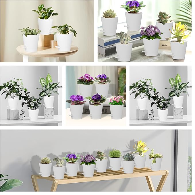 5 Pack 5 inch Self-Watering Pots, African Violets Planter with Drainage Holes and Reservoir, White Plastic Planter for Indoor Outdoor Plants Flowers and Houseplants White, 5 inch 5 pcs
