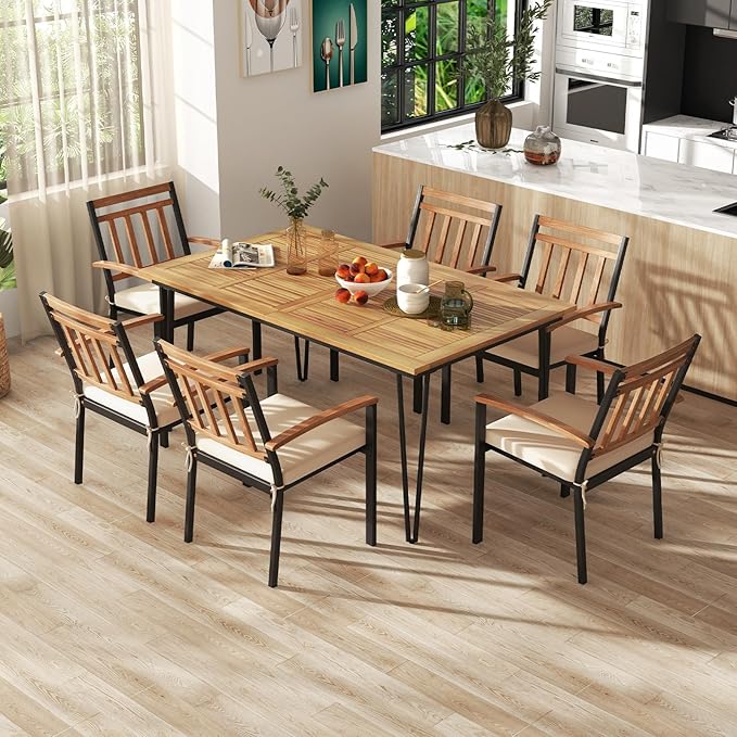 Tangkula 63" Large Patio Dining Table for 6, Acacia Wood 6-Person Dining Table with 2" Umbrella Hole & Metal Legs & Adjustable Foot Pads, Rectangular Outside Table for Garden, Poolside & Backyard