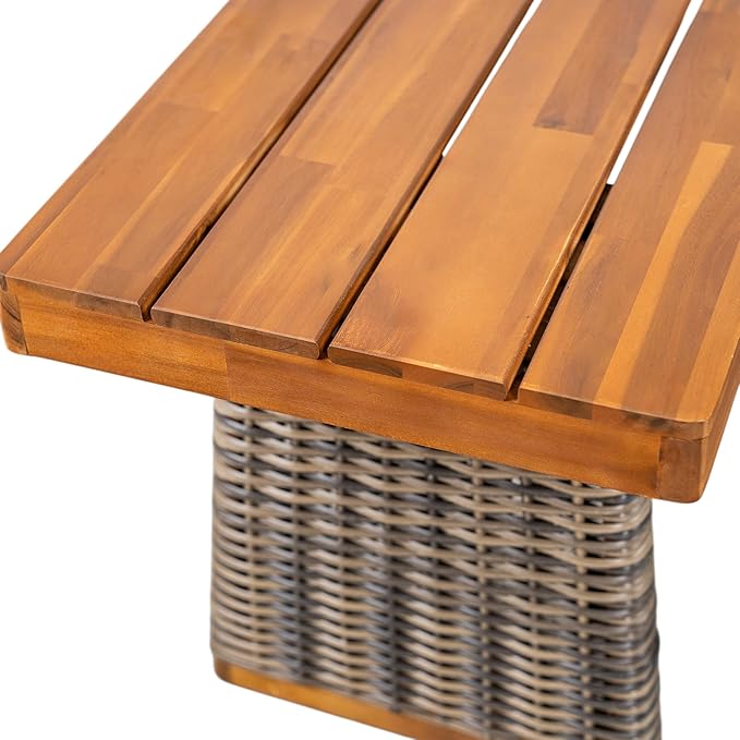 Christopher Knight Home Pasco Acacia Wood Outdoor Dining Table Set for 6, Wicker Patio Dining Set with Acacia Wood Table and Bench, Patio Table and Chair Set with Cushion+Rope Backrest, Teak+Grey