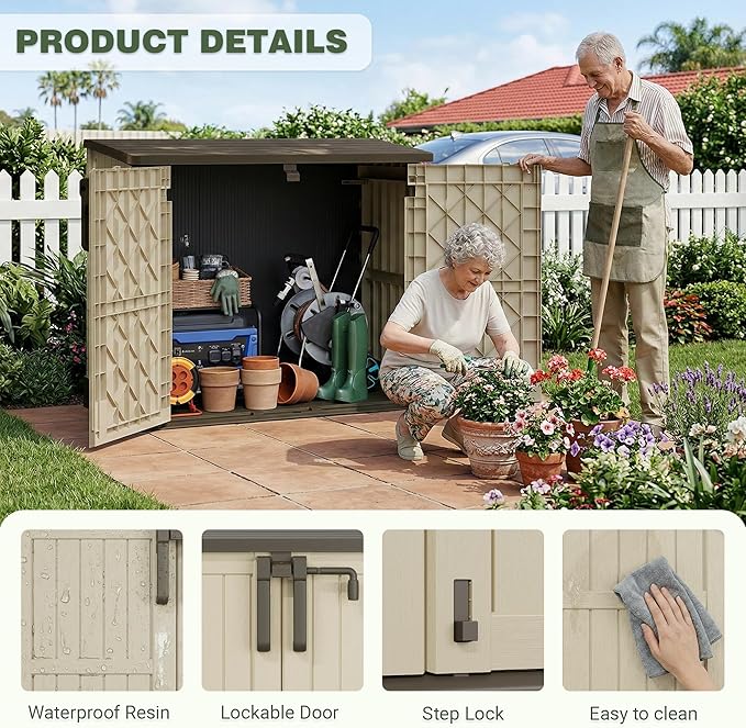 LHBcraft Waterproof Outdoor Storage Box 36 Cu Ft with Lockable Doors, Portable Horizontal Resin Storage Shed, Easy to Assemble, Outdoor Storage Cabinet for Backyards, Brown-Beige