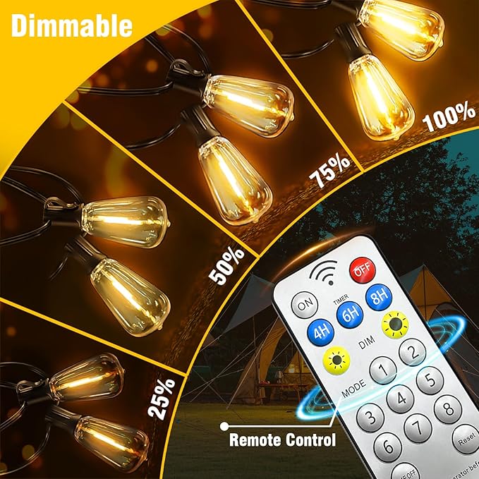 Solar String Lights Outdoor Waterproof with Remote & Timer, LED Shatterproof ST38 Bulbs, USB & Solar Powered Patio Lights for Backyard, Porch, Garden, Wedding, Christmas Decor (66FT)