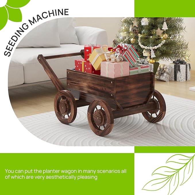 Wooden Flower Cart with Wheels Wooden Wagon Planter Outdoor Garden Planter Decor Planter Kit for Patio Balcony Trolley Decoration Succulent Flower Pot, Indoor Backyard Balcon Decor（Small）