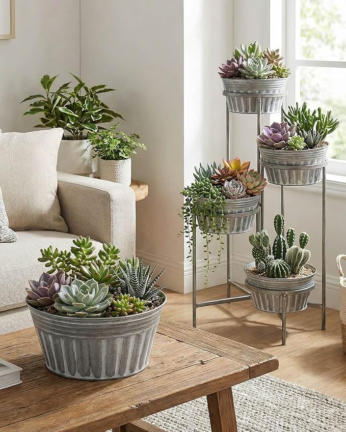 vensovo 10 Inches Silver Metal Rustic Plant Pots - 4 Pcs Large Shallow Galvanized Planters with Drain Hole and Rubber Plug, Rustproof Tin Bucket Succulent Pot Indoor Farmhouse Vintage Style for Decor
