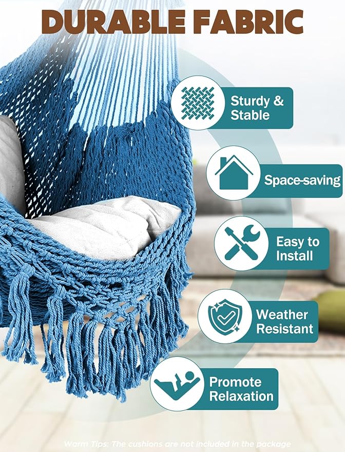 Chihee Hammock Chair Super Large Hanging Chair Soft-Spun Cotton Rope Weaving Chair, Collapsible Strong Metal Spreader Bar Wide Seat Lace Stretch Swing Chair Indoor Outdoor Garden Yard Theme Decoration