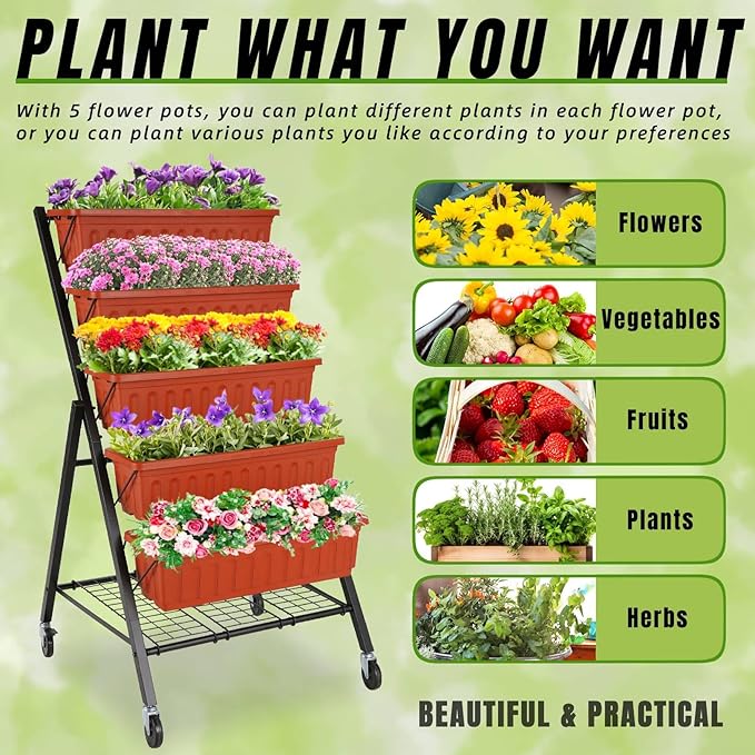 Homdox 3.74FT Vertical Garden Bed, 5 Tiers Raised Garden Planter, 23 * 26 * 45Inch Outdoor Stand with 4 Hooks for Vegetable Flower, Patio Yard, Brown