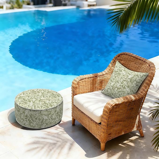 LVTXIII Inflatable Stool Ottoman Footrest with Handle, Decorative Fade-Resistant Foot Stool, Indoor or Outdoor Pouf for Home Garden and Camping Use, D21 x W 21 x H9, Tropical Leaf Green