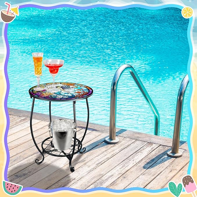 Outdoor Side Table Round Small Mosaic Patio Accent Indoor End Plant Coffee Tea Table for Yard Patio Porch Garden Living Room, Bedroom(Mermaid Style,14 Inch)