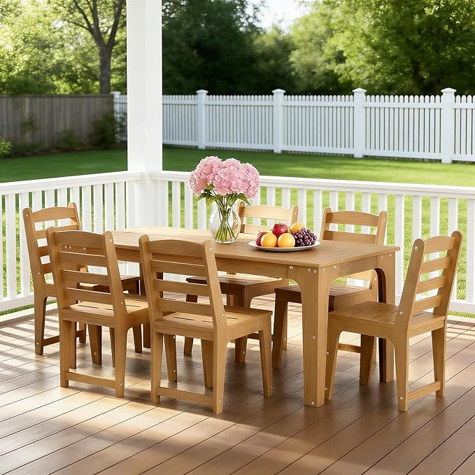 HDPE Patio Dining Set for 6, Weather-Resistant Outdoor Table with Umbrella Hole, Never Sagging One-Piece Tabletop with Metal Support Bars for Poolside Backyard Garden (Teak Color)