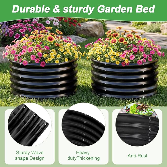 AHEONLAR 2 Pack 2x2x1.5ft Round Galvanized Raised Garden Bed Outdoor Metal Planter Box for Vegetables Steel Raised Beds for Gardening Grey