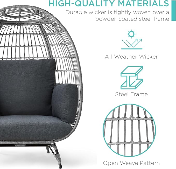 Best Choice Products Wicker Egg Chair, Oversized Indoor Outdoor Lounger for Patio, Backyard, Living Room w/ 4 Cushions, Steel Frame, 440lb Capacity - Gray/Charcoal