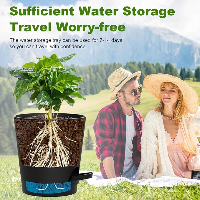 Self Watering Pots, 7/6.5/6/5.5/5/4 inch Flower Pots with Multi Mesh Drainage Holes, Small Platic Planters for Indoor Outdoor Garden Plants and Flowers (Black, 7"+6.5"+6"+5.5"+5"+4")
