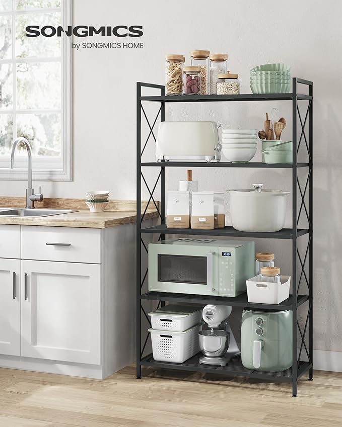 SONGMICS 5-Tier Metal Storage Rack, Shelving Unit with X Side Frames, Dense Mesh, 12.6 x 31.5 x 57.3 Inches, for Entryway, Kitchen, Living Room, Bathroom, Industrial Style, Ink Black UBSC185B01