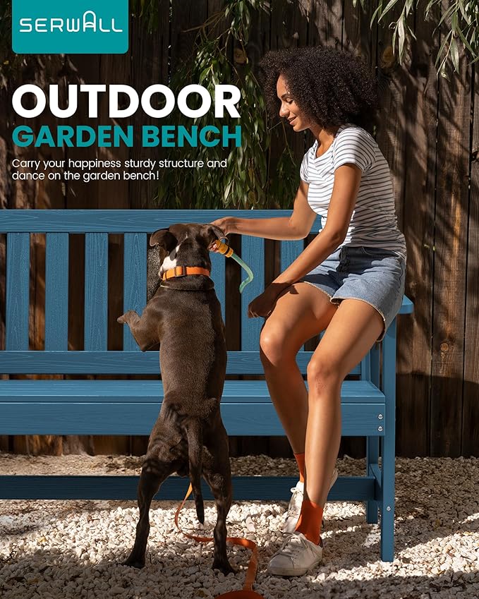 SERWALL Outdoor Bench, HDPE Outdoor Benches Weatherproof, 2-Person Garden Bench with 660 lbs Weight Capacity, Patio Benches for Outdoors, Garden, Porch, Backyard and Park, Navy Blue