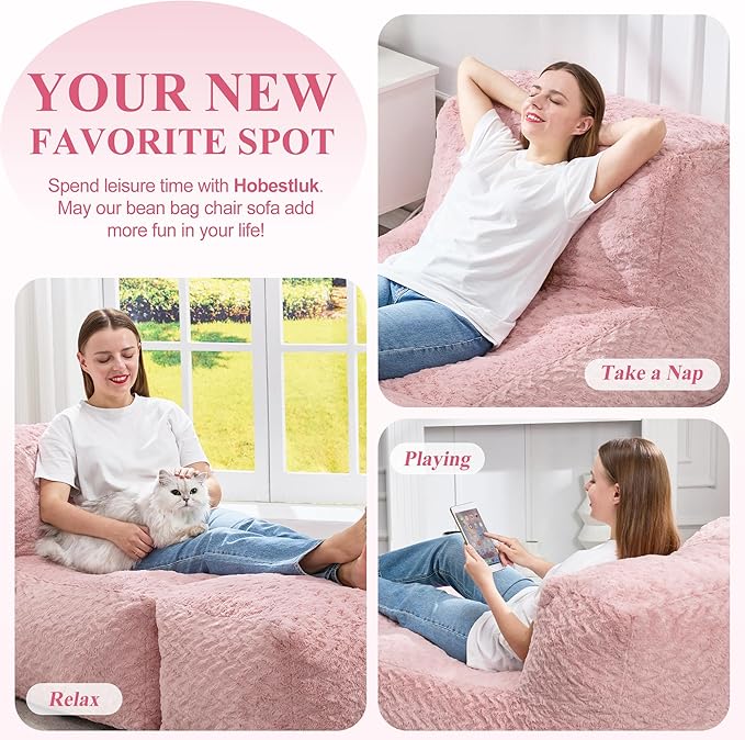 Hobestluk Bean Bag Chair Big Bean Bag Lounger for Adults Bean Bag Couch with Memory Foam Filled for Living Room, Bedroom or Balcony (Chevron Plush Pink)