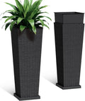 Set of 2 32 Inch Tall Plastic Planters with Drainage Saucers, Rattan Pattern UV Resistant Indoor Outdoor Flower Pots for Patio Garden Balcony Decor, Black