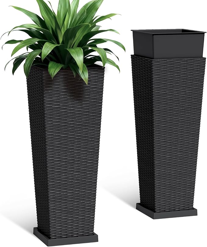 Set of 2 32 Inch Tall Plastic Planters with Drainage Saucers, Rattan Pattern UV Resistant Indoor Outdoor Flower Pots for Patio Garden Balcony Decor, Black