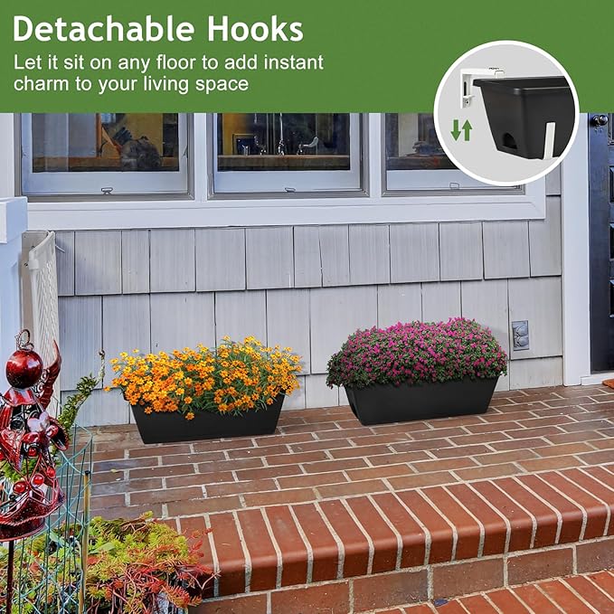 ETELI Railing Planter 6 Pack, 16.9 Inch Window Basket Deck Boxes Plastic Flower Rail Planters Holder with Adjustable Detachable Hooks for Outdoor Balcony Porch Patio, Black & White