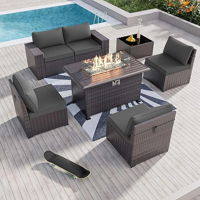 Kullavik 7 Pieces Outdoor Patio Furniture Set with 43" 55000BTU Gas Propane Fire Pit Table PE Wicker Rattan Sectional Sofa Patio Conversation Sets,Grey