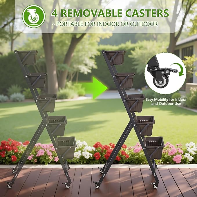 VECELO 5-Tier Vertical Garden Bed, Freestanding Elevated Raised Garden Planter with 5 Garden Planter Boxes, Lockable Caster Wheels, Drainage System, for Plants, Vegetables, Flowers, Herbs