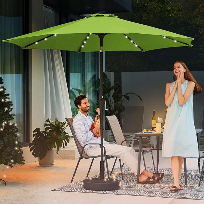 JEAREY 9FT Outdoor Patio Umbrella with Solar Lights, LED Lighted Pool Umbrella with Tilt and Crank, Outdoor Table Umbrellas for Deck, Yard & Market (Grass Green)