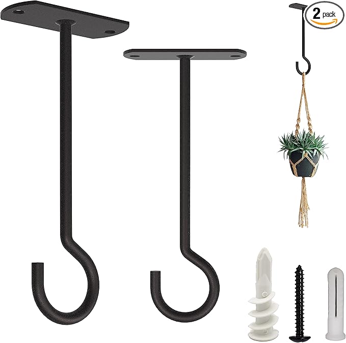NACETURE Ceiling Hooks Heavy Duty 2 Pack - Plant Hooks for Ceiling Hanging Hook for Hanging Basket Hook, Light, Bird Feeders, Wind Chimes Décor Indoor & Outdoor (Black, 5 Inch 2 Pack)