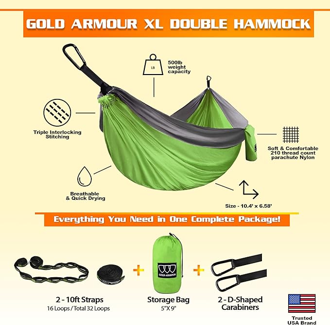Gold Armour Camping Hammock - XL Double Hammock Portable Hammock Camping Accessories Gear for Outdoor Indoor with Tree Straps, USA Based Brand (Lime Green and Gray)