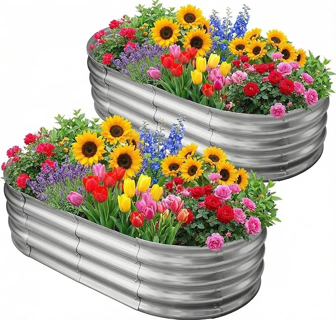 Galvanized Raised Garden Bed for Outdoor: 4X2X1ft Durable Metal Vegetable Plant Container Kit - Oval Planter Box for Gardening Flower Trough （2 Pack）