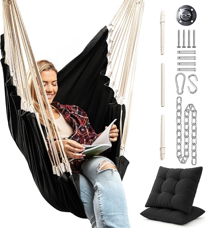 Hanging Hammock Chair Swing – Hanging Chair Outdoor & Indoor - Hammock Swing Chair – Quick & Easy Setup with Hardware Kit – Durable & Spacious Full Body Support with 2 Plush Cushions – Holds 440 Lbs