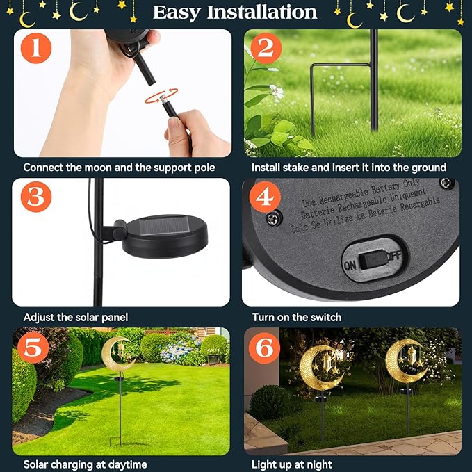 Lewondr 2Pcs Ramadan Solar Lights, Ramadan Decorations Outdoor, Metal Yard Signs LED Eid Decorations Mubarak Star Moon Lantern, Waterproof Solar Garden Stakes Lights for Walkway Lawn Patio