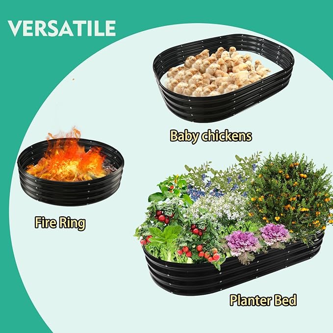 6X3X1 FT Oval Galvanized Metal Garden Raised Bed/Plant Box for Planting,36 Inches Diameter Iron Fire Pit Ring,Small Animal Fence-3 in 1 Modular Design in Black (Black, 72X36X11.5 Inches)
