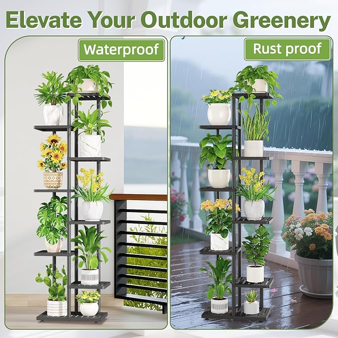iDavosic.ly Plant Stand Indoor Outdoor, 7-Tier Tall Metal Flower Shelf for Heavy-Duty Large Planters, Corner Orchid Display Rack for Living Room Balcony Patio Porch, Space Saving, Modern Black