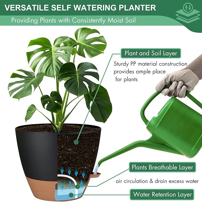 montresor 5-Pack Self-Watering Plastic Plant Pots 5/5.5/6/6.5/7 Inch– Black Indoor Flower Pots with Wick & Water Tray for Herbs, Succulents, Seedlings, Small Plants