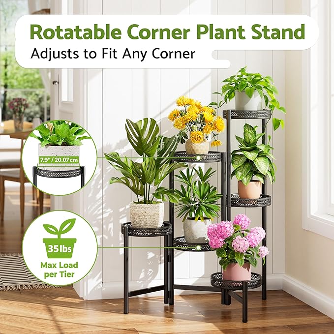 6 Tier Metal Plant Stand Indoor Outdoor, Corner Tall Plant Shelf for Multiple Plants, Foldable Heavy Duty Plant Holder, Decoration Flower Stand for Living Room Balcony Patio Garden- BlackWave