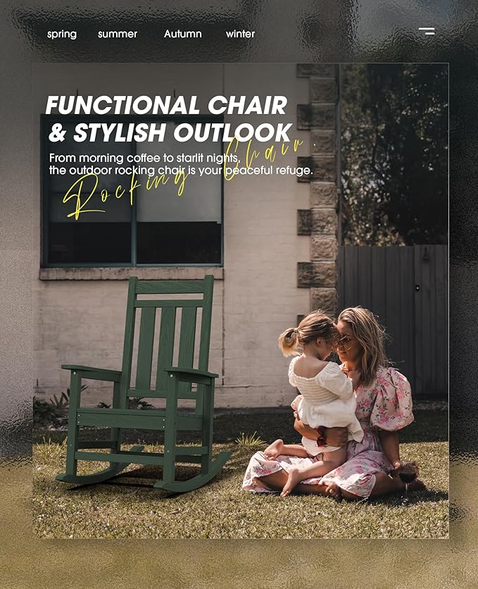 KINGYES Oversized Outdoor Rocking Chair Set of 2, All-Weather Patio Rocking Chairs for Porch, HDPE Outdoor Patio Rockers with High Back & Wide Seat for Garden, Lawn, Green