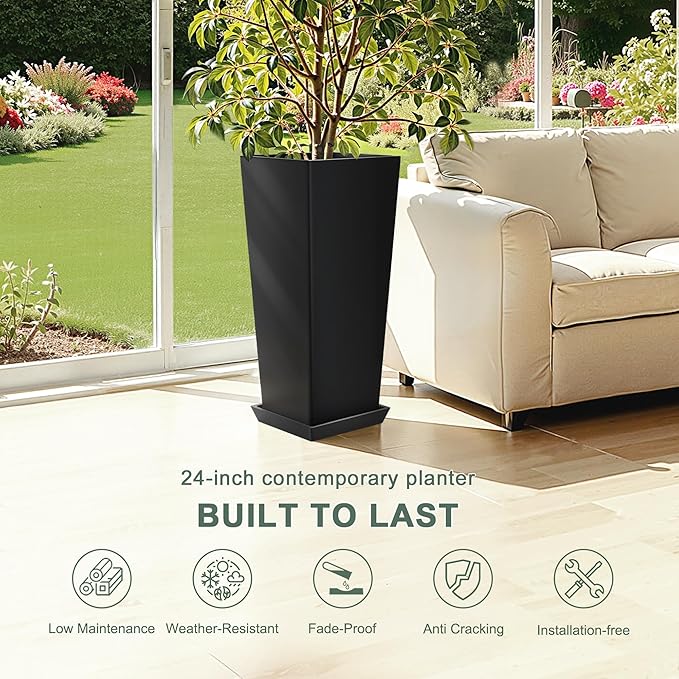 24" Set of 2 Tall Black Planters for Outdoor Plants, Large Flower Pots Planters with Drainage Holes & Tray, Modern Indoor Tapered Planter for Front Porch