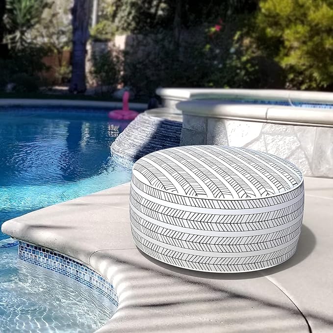 LVTXIII Indoor/Outdoor Inflatable Ottoman with Handle D21 x H9 Inch, Weather-Resistant Round Footstool Pouf for Patio Camping Living Room, Portable Footrest Extra Seating, Herringbone Black White