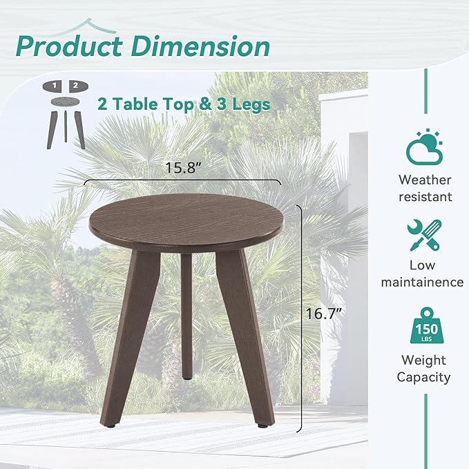 Outdoor Side Table, HDPS Outdoor Table, Small Round Side Table Weather-Resistant, Outdoor Side Tables for Patio, Porch,Deck,End Table for Plant Stand, Dark Brown