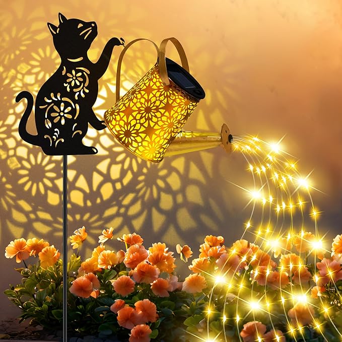 Solar Lights Outdoor Decorative, Watering Can with Cascading Lights, with Cat Silhouette Garden Stakes, Waterproof Metal Garden Decor for Yard Art, Outside, Patio, Lawn 2PACK