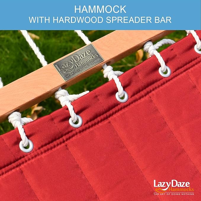 Lazy Daze Hammocks 12 FT Double Quilted Fabric Hammock with Spreader Bar and Detachable Pillow, 2 Person Hammock, 450lbs Weight Capacity, Burgundy